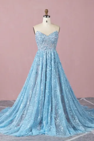 ice blue sequinned floral lace with nude lining prom gown