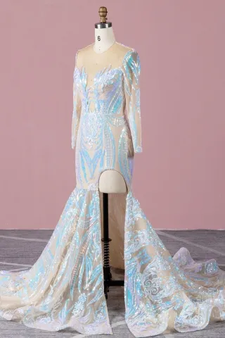 iridescent sequin nude mesh prom dress