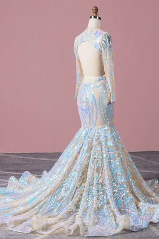open back long sleeve iridescent sequin mermaid prom dress