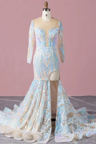 sparkly iridescent sequin nude mesh slit sexy prom dress