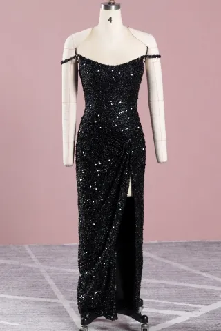 elegant black glitter off shoulder slit sheath prom dress