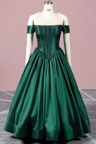 vintage basque waist emerald satin long prom ball gown