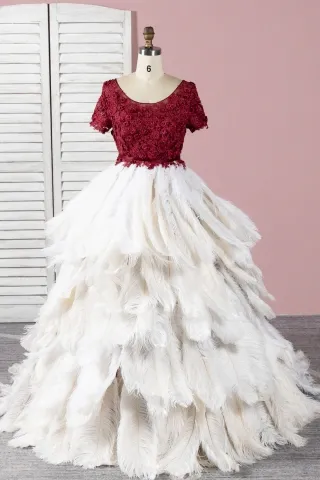 luxury ivory ostrich feather wine lace prom ball gown