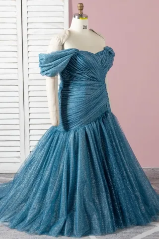 pleated teal tulle plus size dress