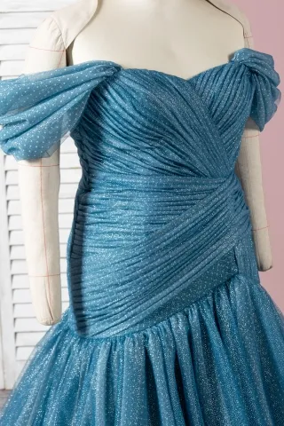 shimmering glitter teal tulle off shoulder dress