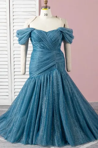 shimmering pleated teal tulle trumpet plus size dress
