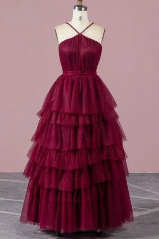 cabernet glitter tiered tulle halter strap prom dress