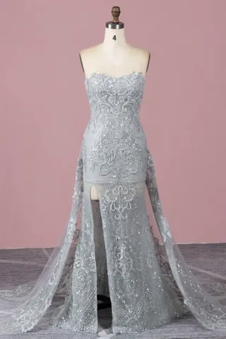 sexy silver sequinned lace strapless slit prom dress