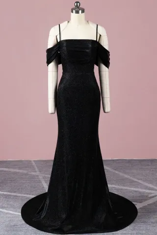 chic black glitter ruched off the shoulder evening dress