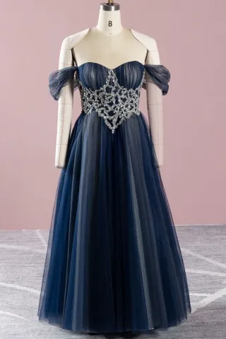 beaded navy and gray tulle celebrity a line formal dress