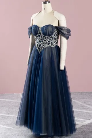 beaded navy and gray tulle formal dress