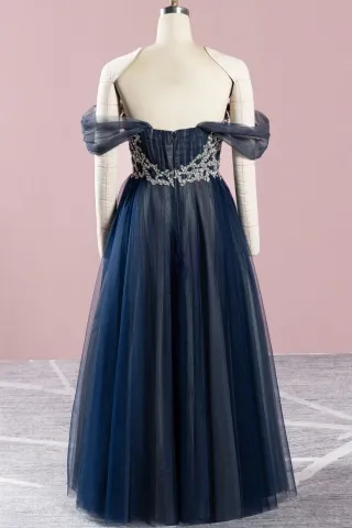 off the shoulder navy tulle formal dress