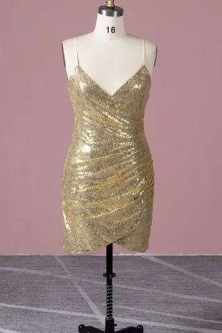sparkly gold sequin short ruched cocktail party dress