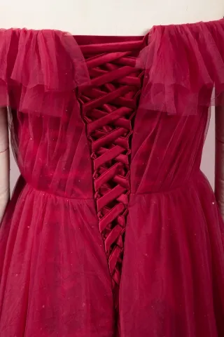lace up back ruby color dress