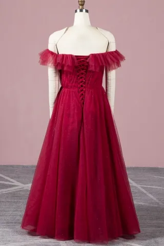 off the shoulder ruffled ruby tulle dress