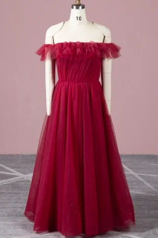 ruffled ruby glitter tulle a line long birthday dress