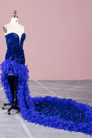 blue sequin feather long train dress