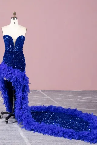 royal blue sequin feather long train sexy prom dress