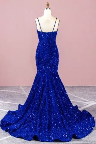 elegant mermaid royal blue sequin evening dress