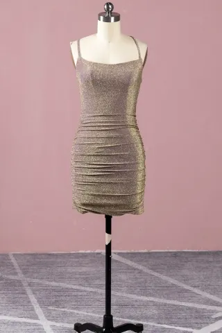 red bronze ruched lurex short bodycon cocktail dress