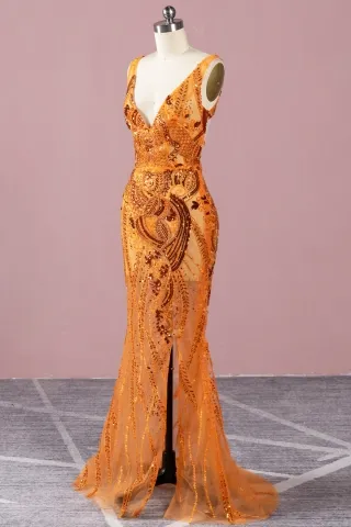 sexy sheer tangerine beading prom gown