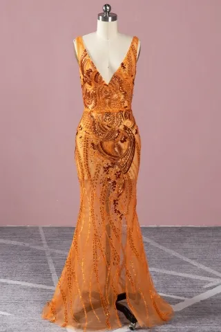 sexy sheer tangerine beading v neck mermaid prom gown