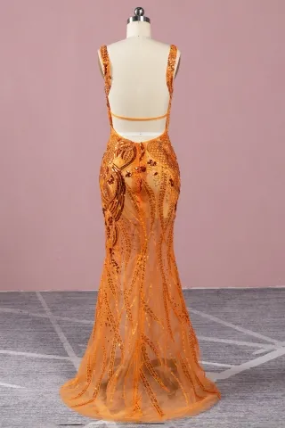 sheer tangerine beading tulle mermaid low back prom dress