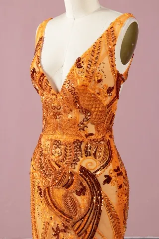 sparkly unique tangerine beading V neck dress