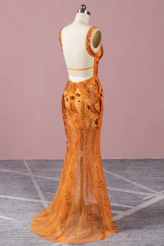 tangerine beading backless prom gown