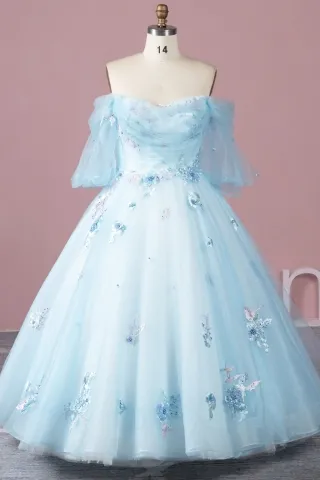 fairy 3d flowers cinderella ice blue dance ball gown