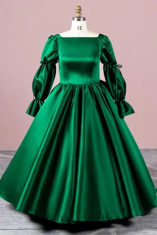vintage puffed long sleeve emerald green satin ball gown