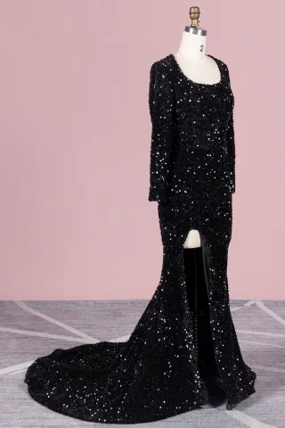 black sequin long sleeve slit prom dress