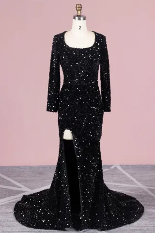 black sequin square neck long sleeve split prom dress