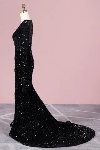 long sleeve black sequin over velvet mermaid prom dress