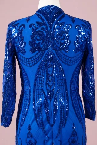abstractly geometric pattern blue sequin closed back dress