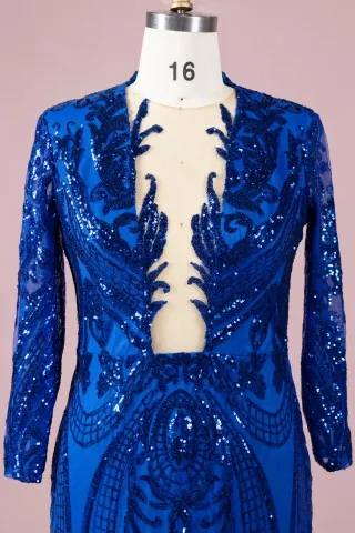jagged plunging neck royal blue sequin dress