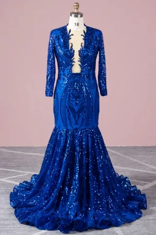 sparkly blue geometric sequin jagged neck prom dress