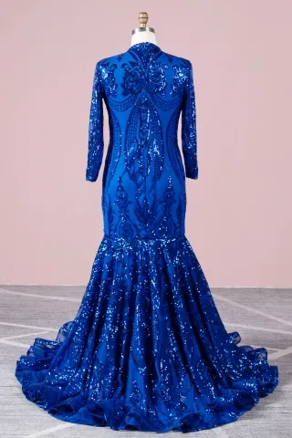 sparkly royal blue abstractly geometric sequin closed back prom dress