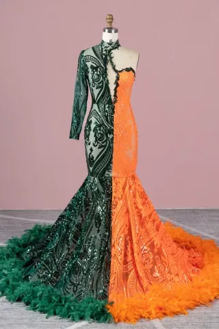 whimsical dark green and orange sequin feather prom dress