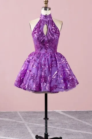 sparkly grape sequin high neck cute short prom dress