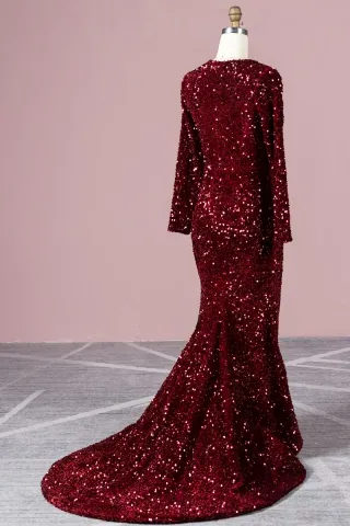 burgundy sequin long sleeve evening dress with a closed back