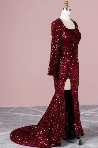 burgundy sequin long sleeve formal gown