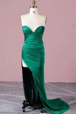 sexy strapless sweetheart high split emerald long dress