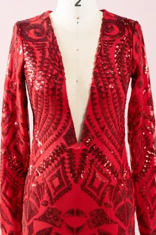 geometric pattern red sequin plunging V neck prom dress