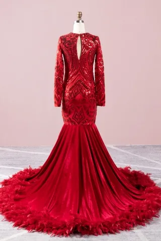 gorgeous abstractly geometric pattern red sequin feather train prom dress