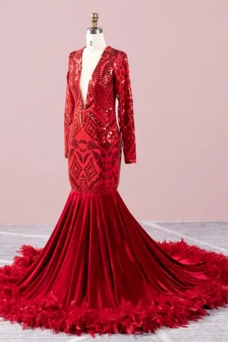 gorgeous sequin feather train prom dress