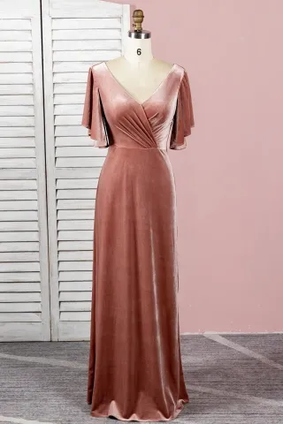 rust velvet ruffled short sleeve v neck long evening gown