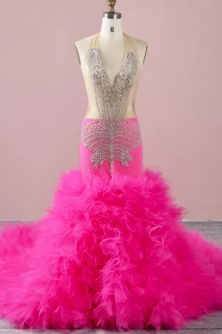sexy beadings super pink ruffled black girl prom dress