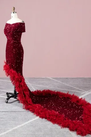 feather long train red sequin prom dress