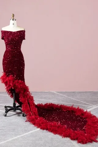 unique feather long train dark red sequin prom dress